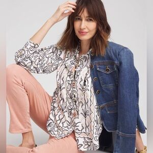 CHICO’S NWT 2 / Women’s L Faux Silk Floral Collared Shirt in French Blush Blouse